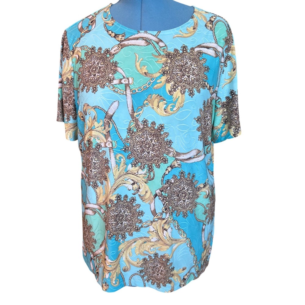 JM Collection Woman Turquoise Baroque Scarf Print Short Sleeve Top 1X
